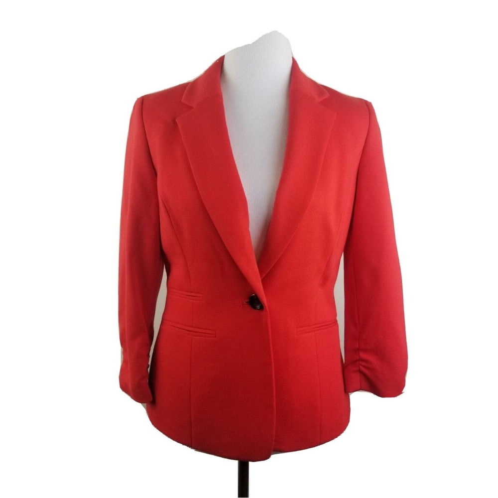 Nine West Jacket Women 2 Blazer Bright Orange Red Cotton Ruched Sleeves